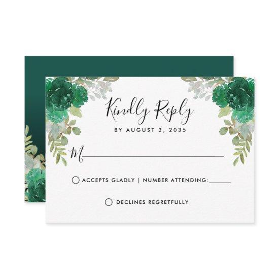 Floral Watercolor Emerald Green Quinceanera RSVP Card
