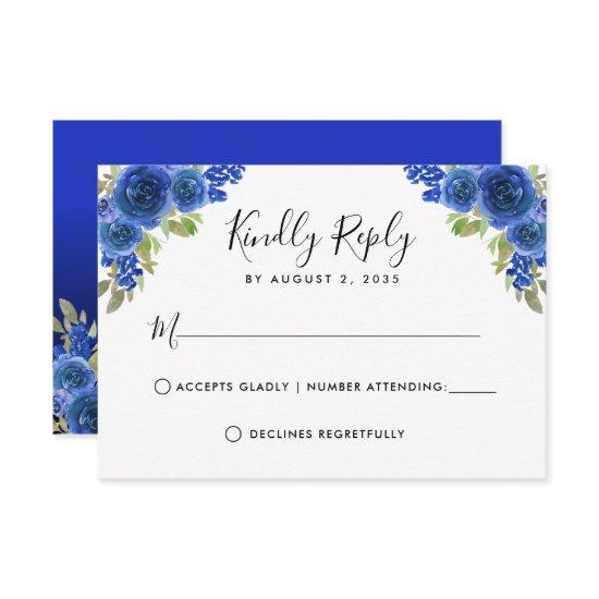Floral Watercolor Royal Blue Quinceanera RSVP Card