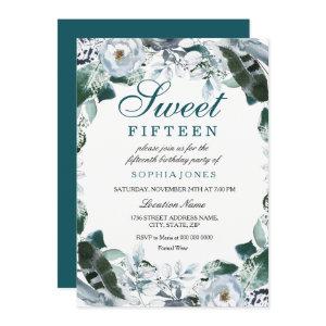 Floral Watercolor Teal Green Sweet 15 Party Invite
