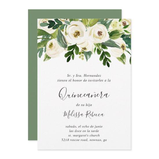 Floral White Roses Greenery Elegant Quinceañera