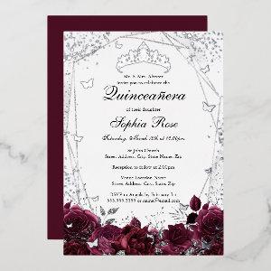 Flower Burgundy Silver Tiara Quinceanera  Foil