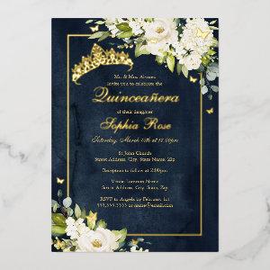 Flower Golden Butterfly Navy Quinceanera  Foil