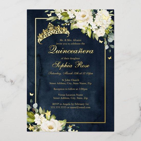 Flower Golden Butterfly Navy Quinceanera  Foil