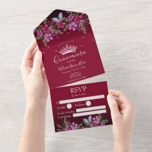 Flowers and Butterfly Quinceanera Burgundy All In One