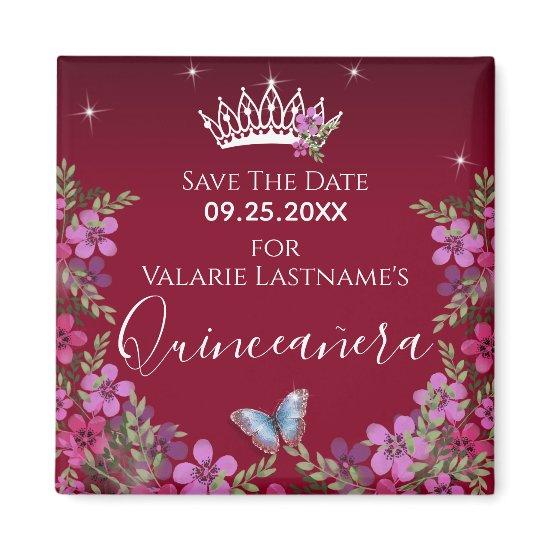 Flowers and Butterfly Quinceanera Save the Date Ma Magnet