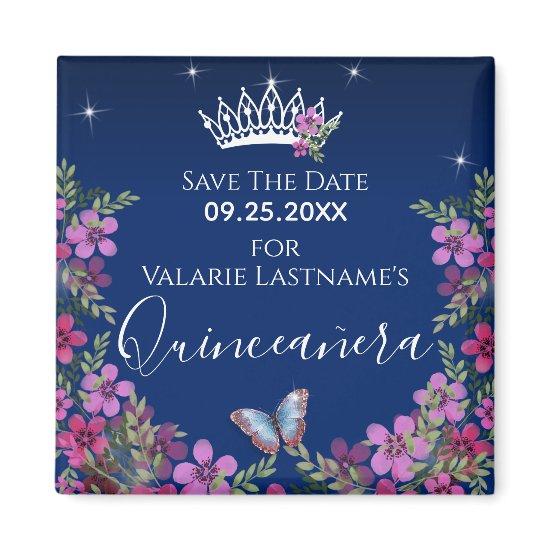 Flowers and Butterfly Quinceanera Save the Date Magnet
