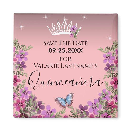 Flowers and Butterfly Quinceanera Save the Date Magnet