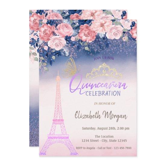 Flowers,Eiffel Tower Butterfly Ombre Quinceanera