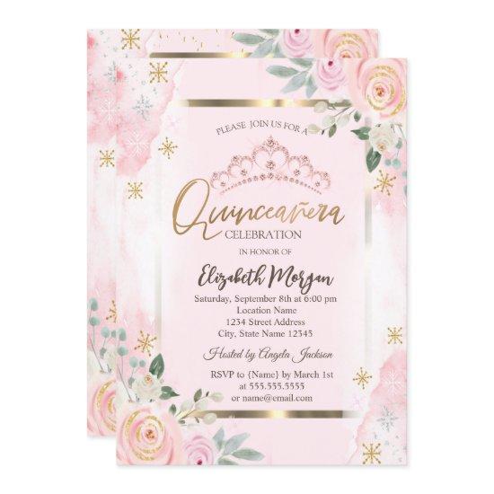 Flowers Gold Frame Pink Roses Quinceañera