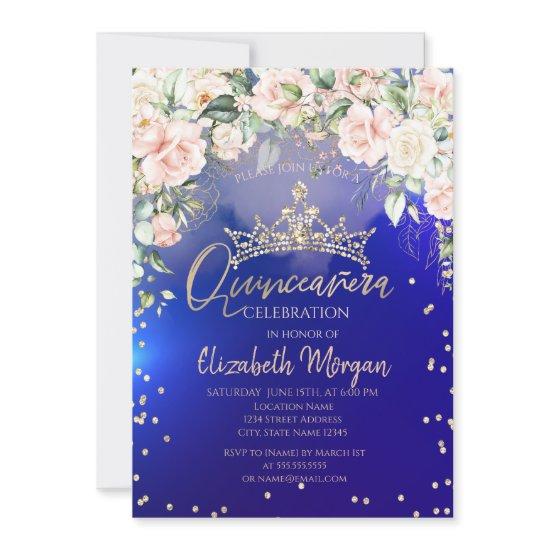 Flowers Gold Tiara Diamonds Blue Quinceañera