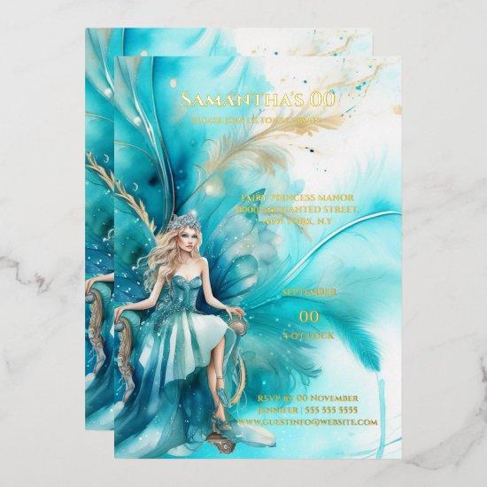 Foil watercolor fairy princess teal gold floral  foil