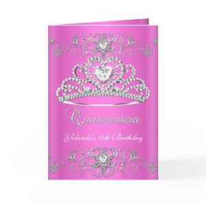 Folded Card Quinceanera Pink Glitter Tiara