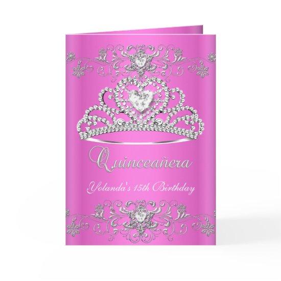 Folded Card Quinceanera Pink Glitter Tiara