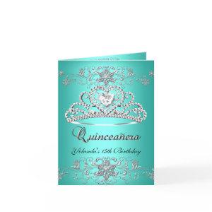 Folded Card Quinceanera Teal Glitter Tiara Photo