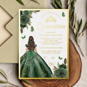 Forest Green Floral Butterfly Quinceanera Gold Foil