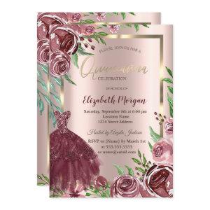 Frame,Burgundy Roses Dress Rose Gold Quinceanera