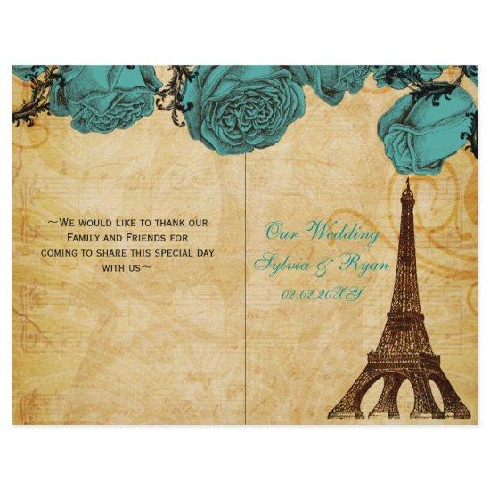 French Eiffel tower aqua  folded Wedding program
