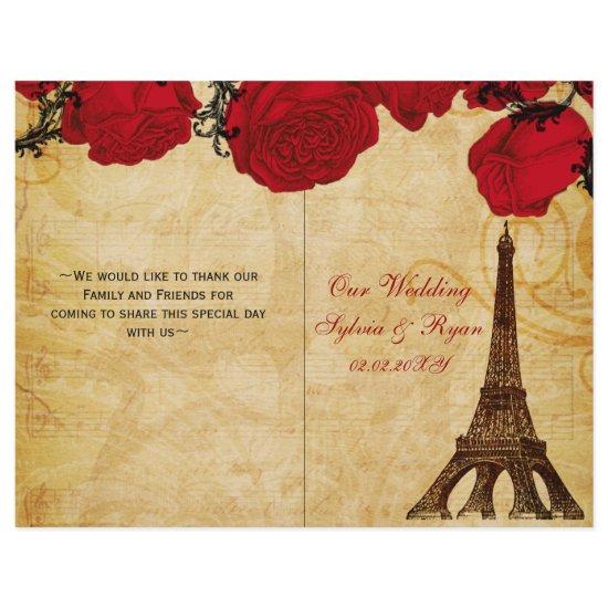 French Eiffel tower red  folded Wedding program