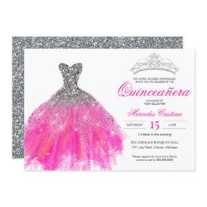 Fuchsia and Silver Glitter Glam Gown Quinceañera