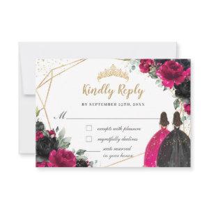 Fuchsia Black Floral Twins Quinceañera XV Reply RSVP Card