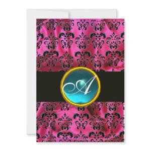 FUCHSIA  BLACK SILK DAMASK BLUE GEM MONOGRAM