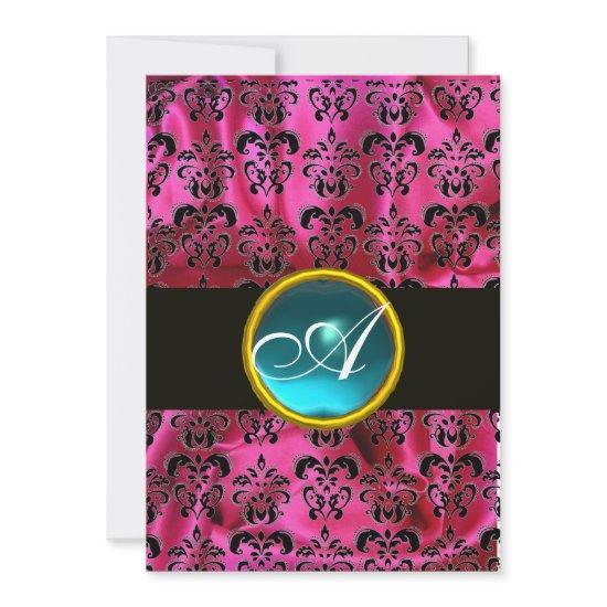FUCHSIA  BLACK SILK DAMASK BLUE GEM MONOGRAM