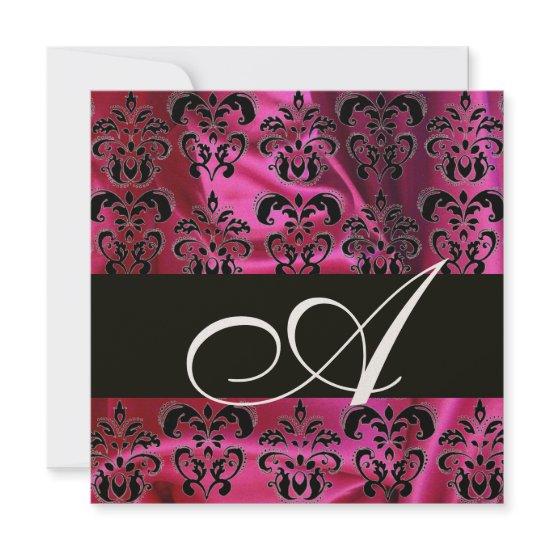 FUCHSIA  BLACK SILK  DAMASK MONOGRAM , Gold Metal