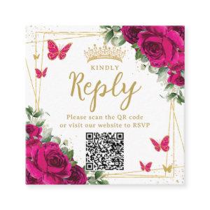 Fuchsia Floral Butterflies Quinceanera RSVP QR Enclosure Card