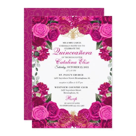 Fuchsia & Gold Floral Quinceanera Birthday