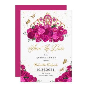 Fuchsia & Gold Tiara Save The Date Quinceañera