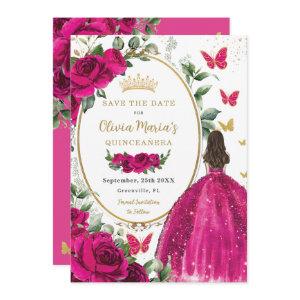 Fuchsia Hot Pink Floral Princess Dress Quinceañera Save The Date