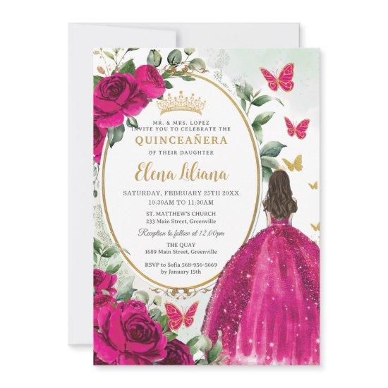 Fuchsia Hot Pink Floral Princess Gold Quinceañera