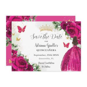Fuchsia Hot Pink Floral Princess Gold Quinceañera Save The Date