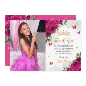 Fuchsia Hot Pink Floral Quinceañera Sweet 16 Photo Thank You Card