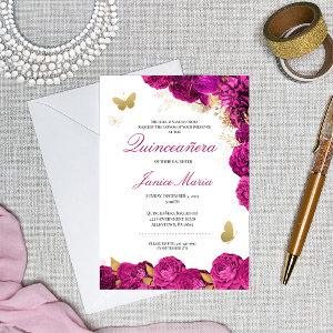 Fuchsia Hot Pink Gold Floral Butterfly Quinceañera