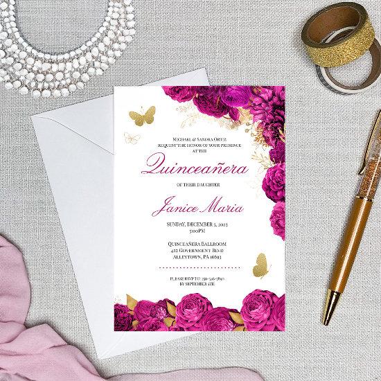 Fuchsia Hot Pink Gold Floral Butterfly Quinceañera