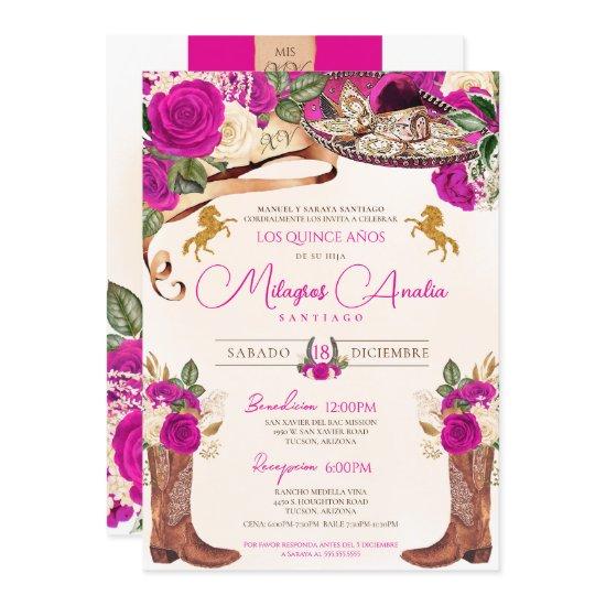 Fuchsia Hot Pink Roses Western Charro Quinceañera
