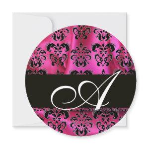 FUCHSIA PINK BLACK DAMASK CLOTH MONOGRAM Circle