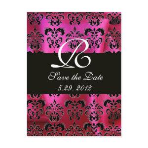 FUCHSIA PINK BLACK DAMASK CLOTH MONOGRAM , white Announcement Postcard