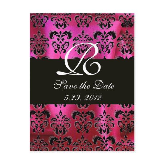 FUCHSIA PINK BLACK DAMASK CLOTH MONOGRAM , white Announcement Postcard