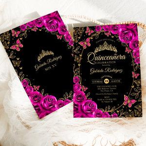 Fuchsia Pink Black Gold Quinceanera