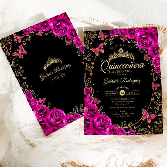 Fuchsia Pink Black Gold Quinceanera