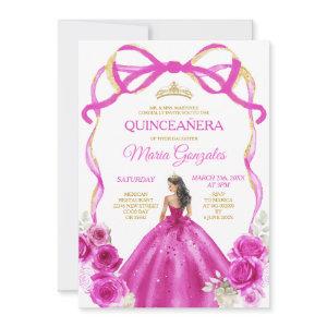 Fuchsia Pink Bow Princess Gold Crown Quinceañera