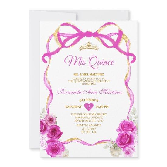 Fuchsia Pink Floral Bow Ribbon Gold Mis Quince