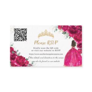 Fuchsia Pink Floral Gold Quinceañera QR Code Enclosure Card