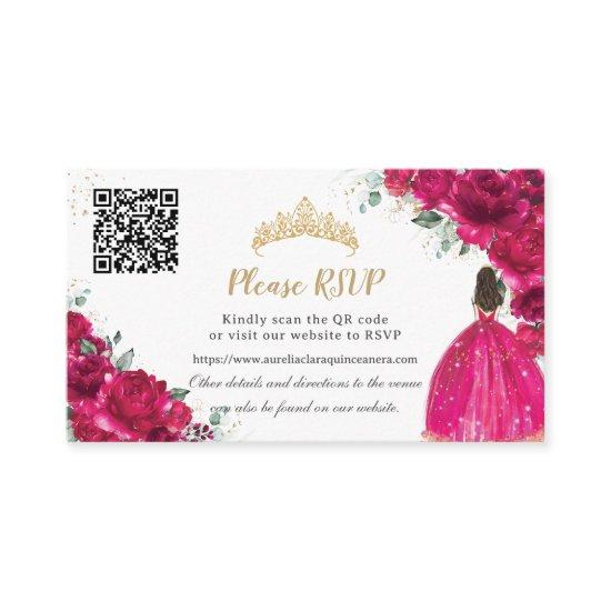 Fuchsia Pink Floral Gold Quinceañera QR Code Enclosure Card