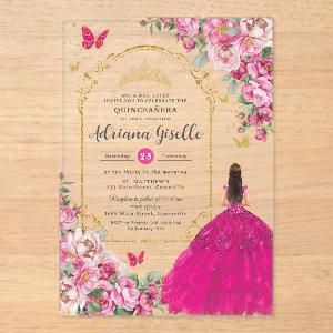 Fuchsia Pink Floral Gold Quinceañera Sweet 16 XV Acrylic