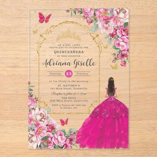 Fuchsia Pink Floral Gold Quinceañera Sweet 16 XV Acrylic