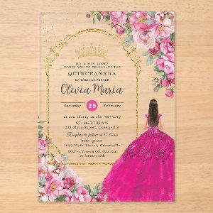 Fuchsia Pink Floral Gold Quinceañera Sweet 16 XV Acrylic