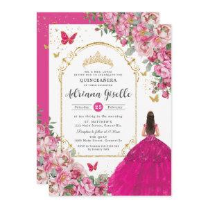 Fuchsia Pink Floral Gold Quinceañera Sweet 16 XV